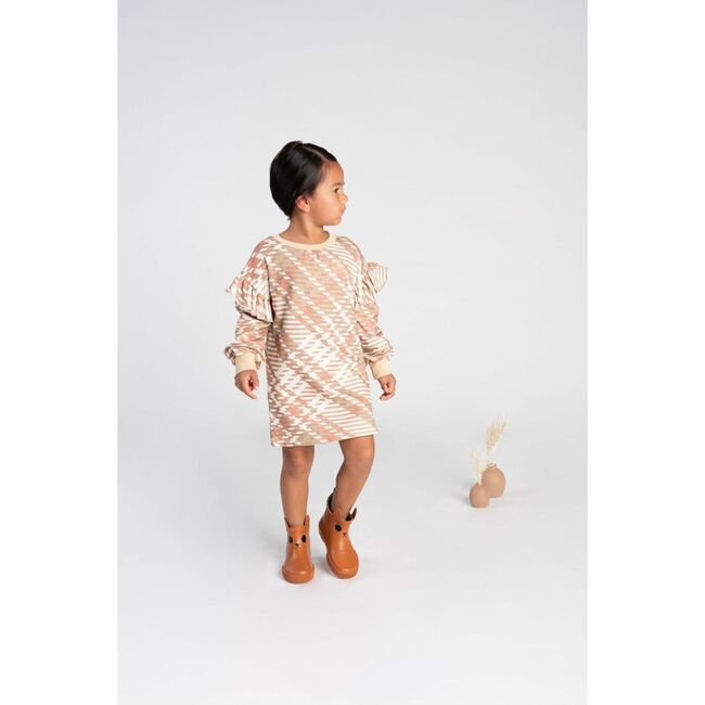 Girls Plaid Ruffle Terry Dress, Beige - Dresses - 3