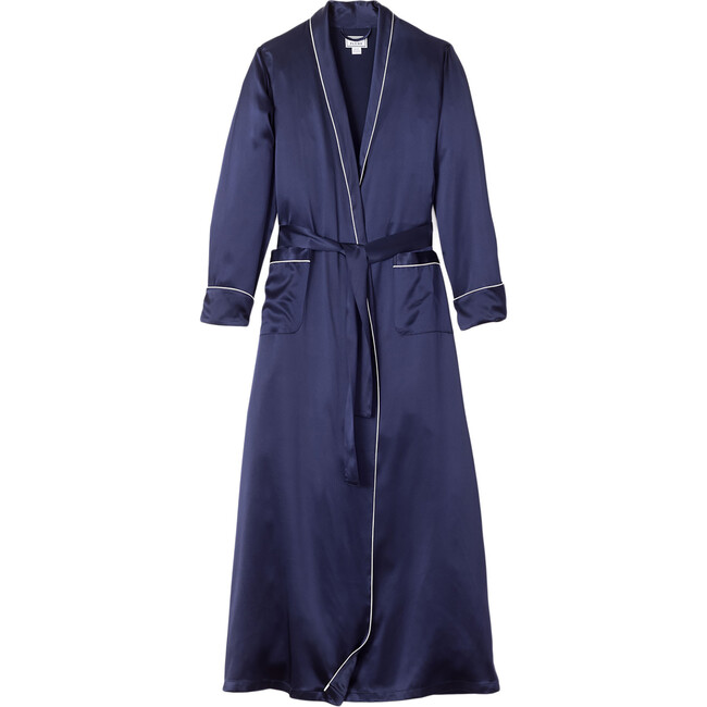 Women's Silk Long Robe, Navy - Pajamas - 1
