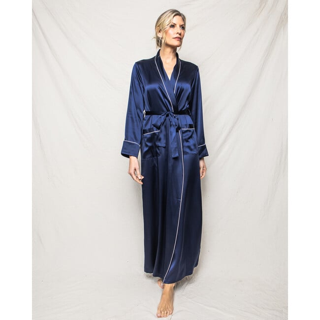 Women's Silk Long Robe, Navy - Robes - 2