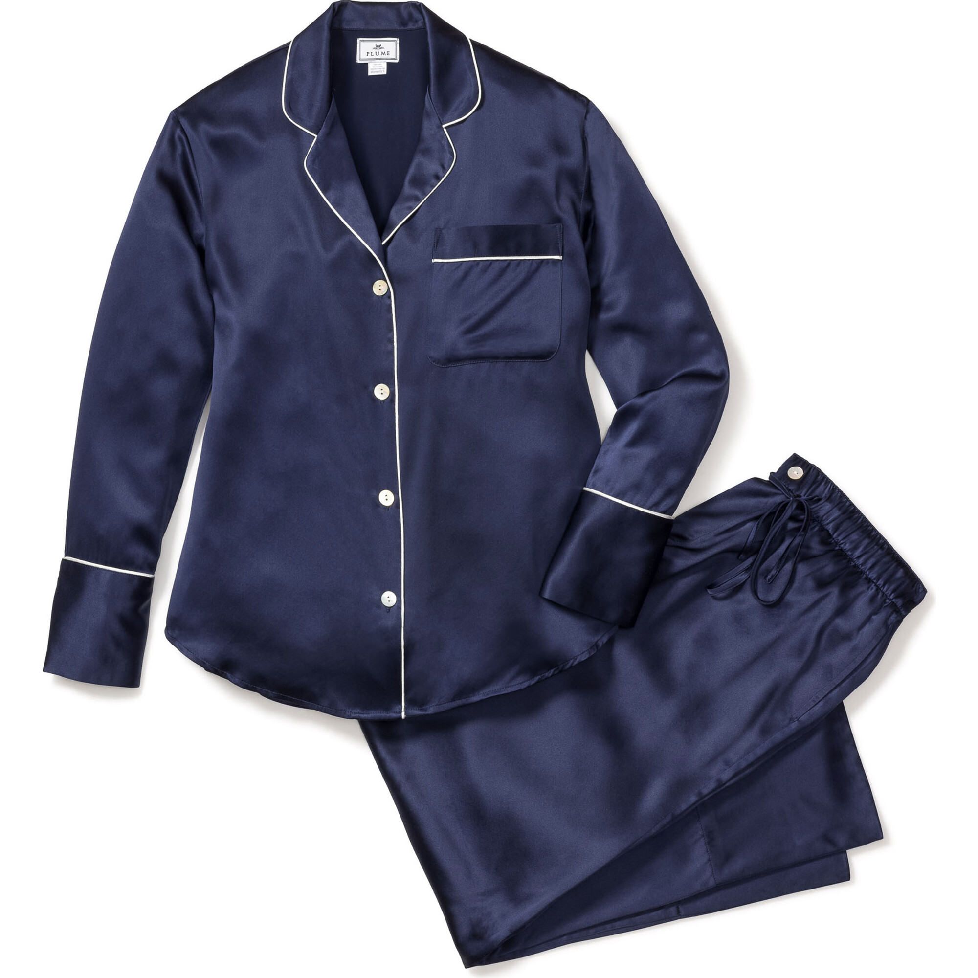 Women's Silk Pajama Set, Navy - Pajamas - 1