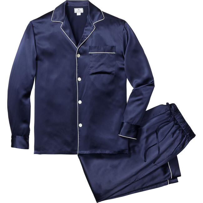 Men's Silk Pajama Set, Navy - Pajamas - 1