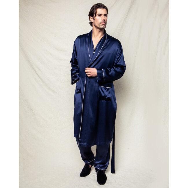 Men's Silk Long Robe, Navy - Robes - 2