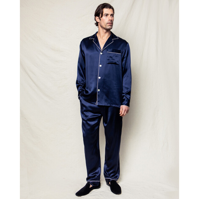 Men's Silk Pajama Set, Navy - Pajamas - 2