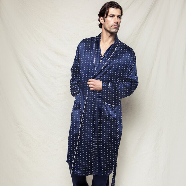 Men's Silk Polka Dots Long Robe, Navy - Robes - 2