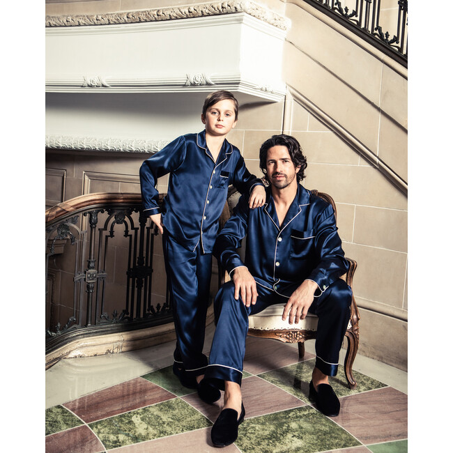 Men's Silk Pajama Set, Navy - Pajamas - 4
