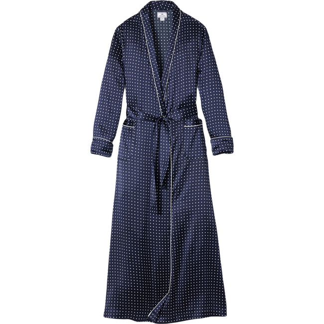 Women's Silk Polka Dot Long Robe, Navy - Pajamas - 1