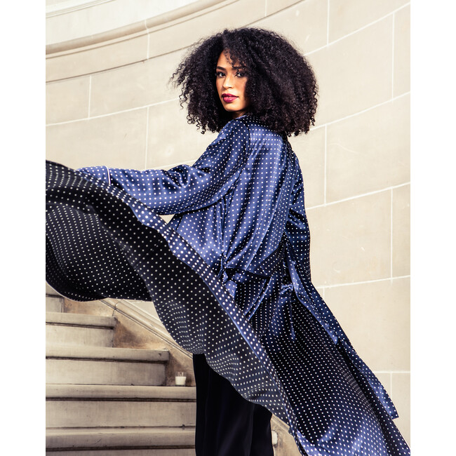 Women's Silk Polka Dot Long Robe, Navy - Robes - 3