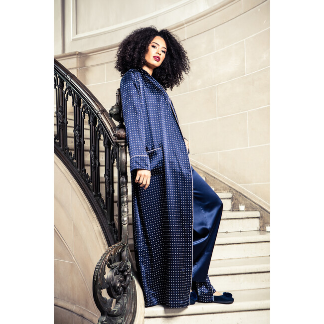 Women's Silk Polka Dot Long Robe, Navy - Robes - 5