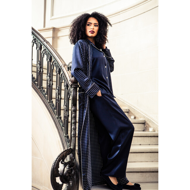 Women's Silk Polka Dot Long Robe, Navy - Robes - 7