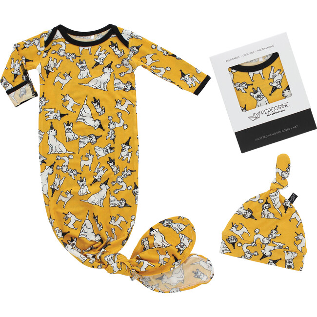 Party Dogs Bamboo Knotted Newborn Gown Hat Set, Multi - Pajamas - 1