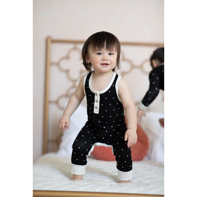 Polkadot Bamboo Tank Romper, Black - Rompers - 3