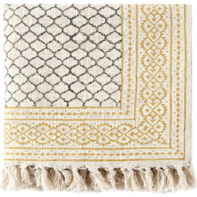 Handmade Block-Printed Erawan Throw Blanket, Mustard