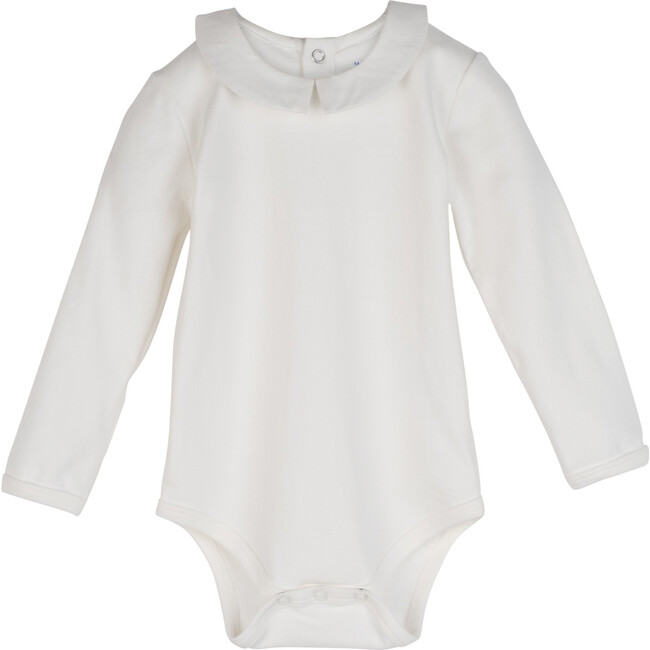 Baby Syd Long Sleeve Pointed Collar Bodysuit, White with White Collar