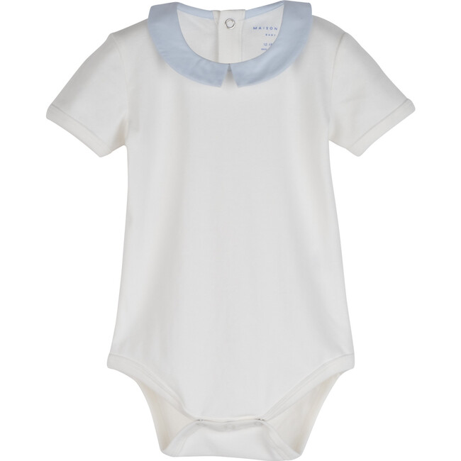 Baby Syd Short Sleeve Pointed Collar Bodysuit, White with Blue Collar