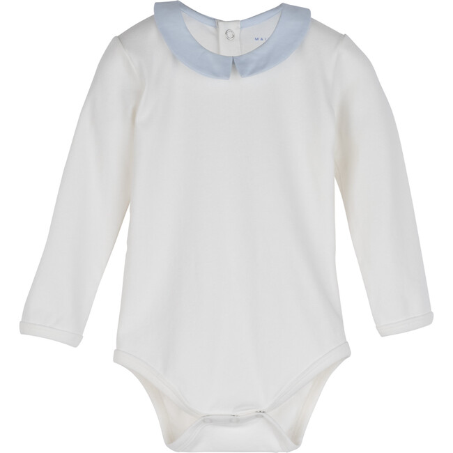 Baby Syd Long Sleeve Pointed Collar Bodysuit, White with Blue Collar