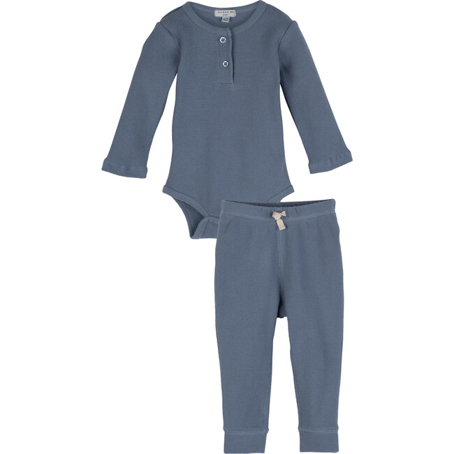 Baby Waffle Henley Set, Dusty Blue - Mixed Apparel Set - 1