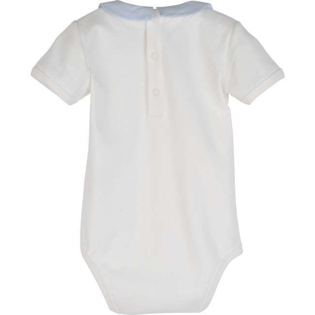 Baby Syd Short Sleeve Pointed Collar Bodysuit, White with Blue Collar