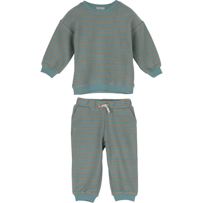 Baby Fuzzy Jones Sweat Set, Dusty Blue & Tan Stripe - Mixed Apparel Set - 1