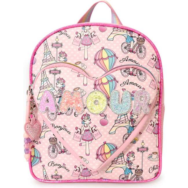 AMOUR' Miss Gwen Paris Print Mini Backpack with Heart Pocket, Pink - Backpacks - 1