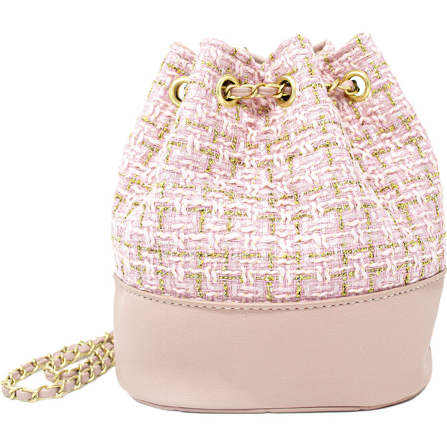 Tweed Drawstring Backpack Bag, Pink