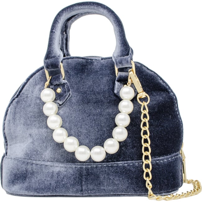 Suede Bowling Pearl Bag, Blue and Grey