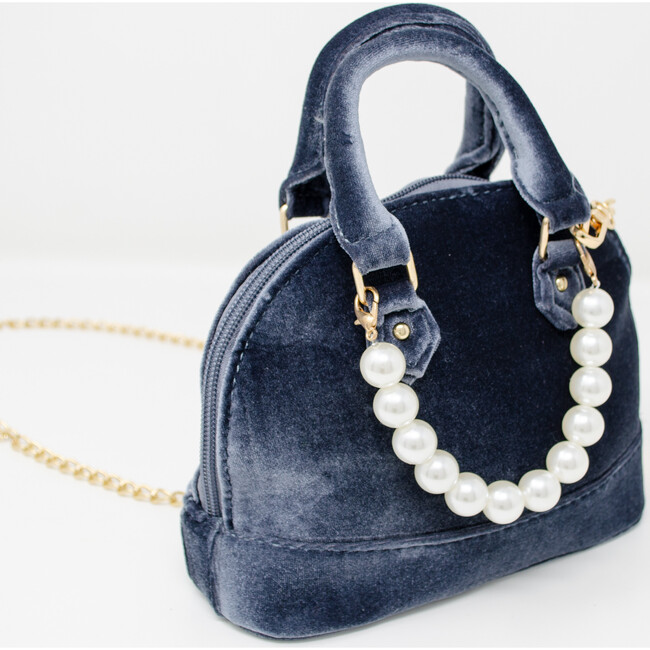 Suede Bowling Pearl Bag, Blue and Grey