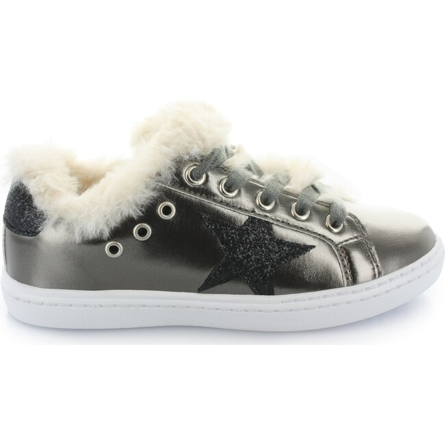Ava's Faux Fur Star Lace Sneaker, Pewter & Black - Sneakers - 1