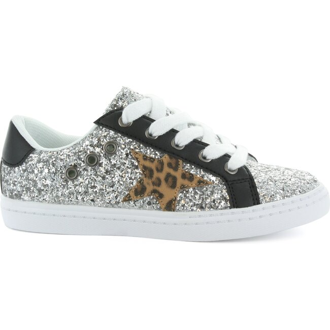 Mia Star Lace Sneaker, Silver & Leopard