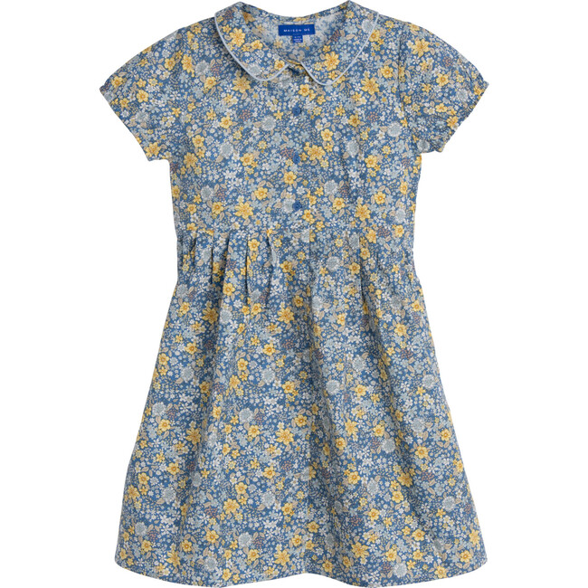 Emmalyn Short Sleeve Collared Dress, Blue Yellow Floral - Dresses - 1