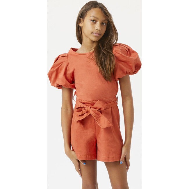 Exaggerated Puff Sleeve Romper, Rust - Rompers - 2
