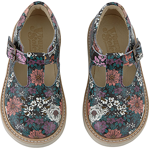 Rosie T-Bar Shoe, Black Flora Print Leather - Young Soles Shoes ...