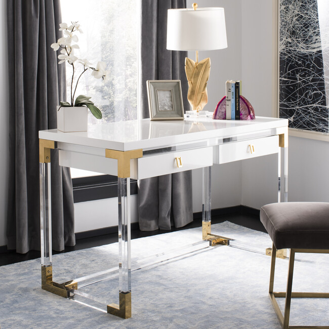 Dariela Acrylic Desk, White/Gold