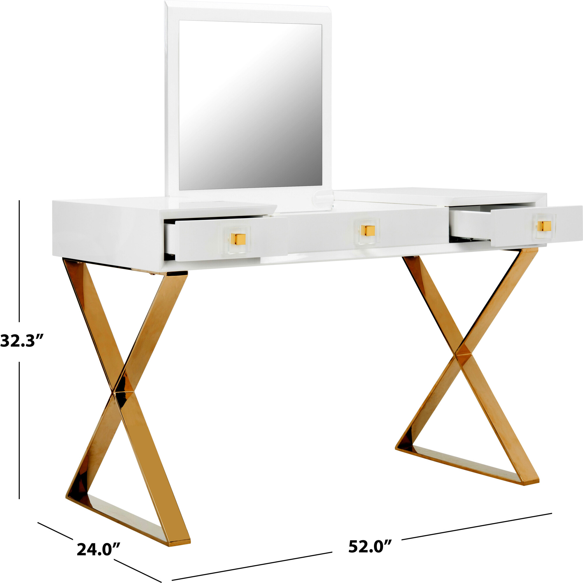 white wood and gold metal mara vanity desk