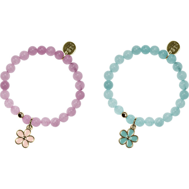Flower Gemstone Bracelet Set, Light Pink and Blue