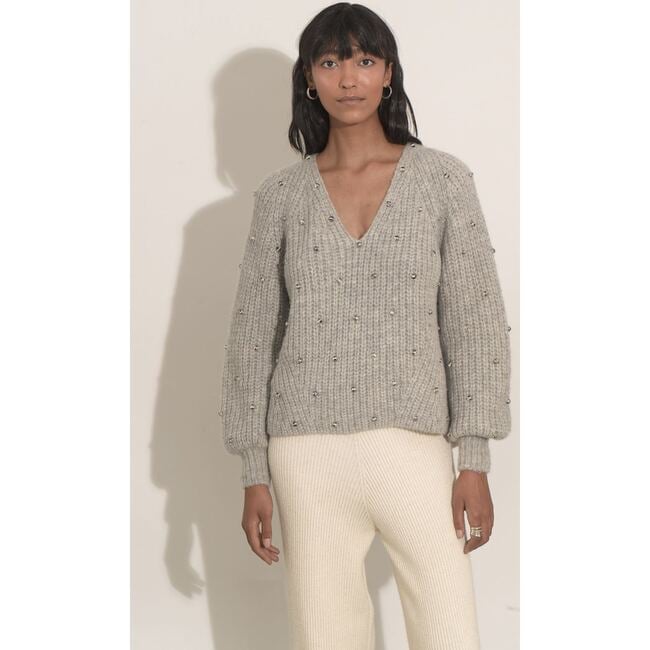 Women's Tessa Sweater, Pale Grey W/ Beads - Sweaters - 3