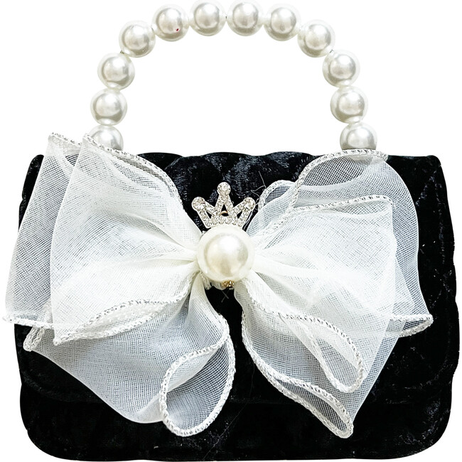 Velvet Organza Bow Pearl Drop Purse, Black