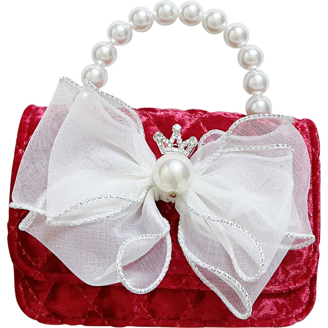 Velvet Organza Bow Pearl Drop Purse, Red