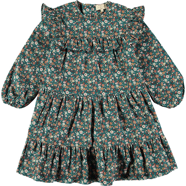 Baby Winter Twill Short Dress, Green Flowers - Dresses - 1 - zoom