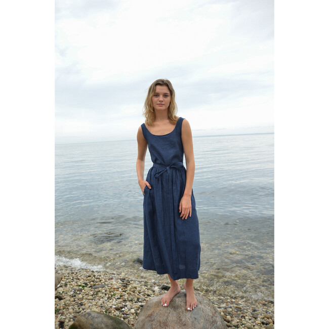 Women's Front Tie Dress, Navy Linen - Dresses - 3