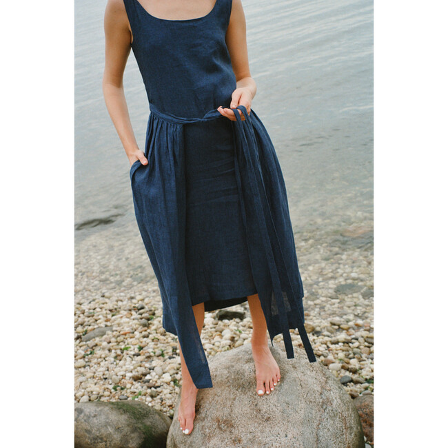 Women's Front Tie Dress, Navy Linen - Dresses - 4