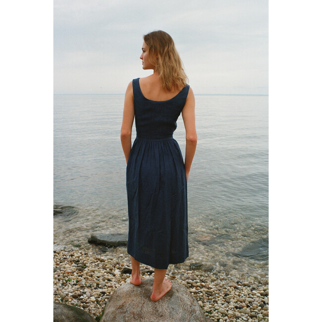 Women's Front Tie Dress, Navy Linen - Dresses - 5
