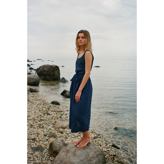 Women's Front Tie Dress, Navy Linen - Dresses - 6
