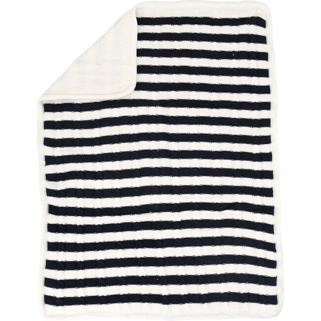 S+N Cable Knit Stripe Sherpa Blanket, Navy - Blankets - 2