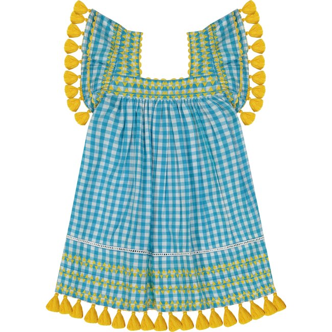 Serena Tassel Dress, Turquoise Gingham Check