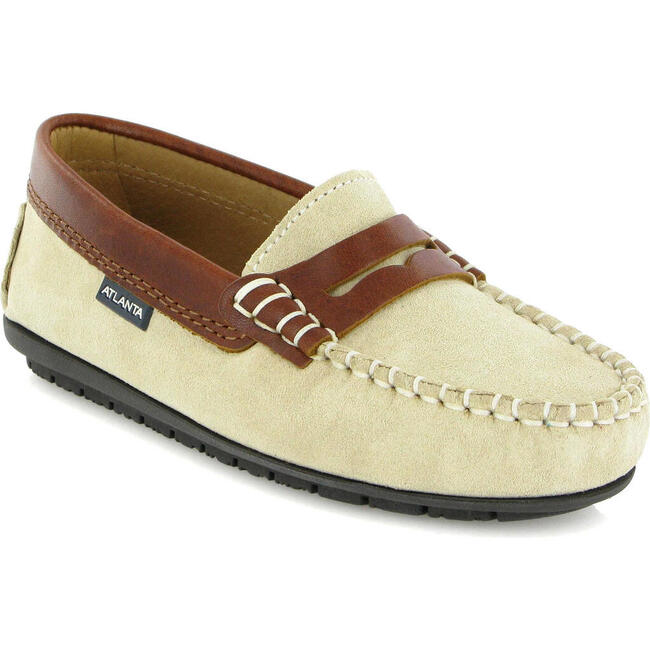 Suede & Pull Up Leather Penny Moccasins , Natural & Camel - Slip Ons - 2