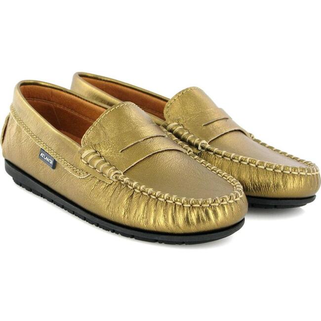 Metallic Leather Penny Moccasins, Gold - Slip Ons - 3