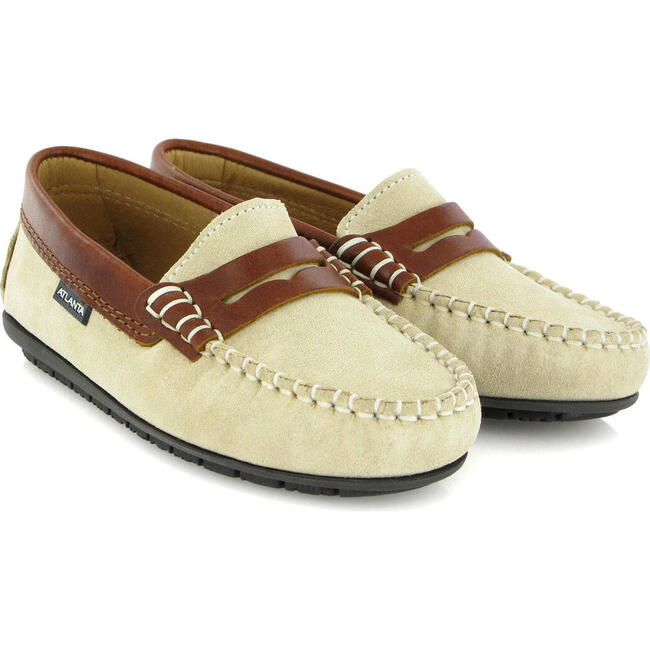 Suede & Pull Up Leather Penny Moccasins , Natural & Camel - Slip Ons - 3
