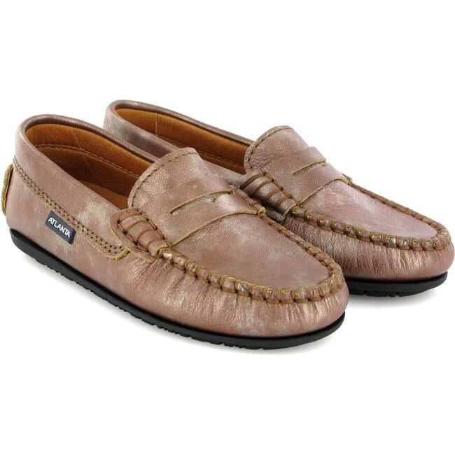 Metallic Leather Penny Moccasins, Bronze - Slip Ons - 3