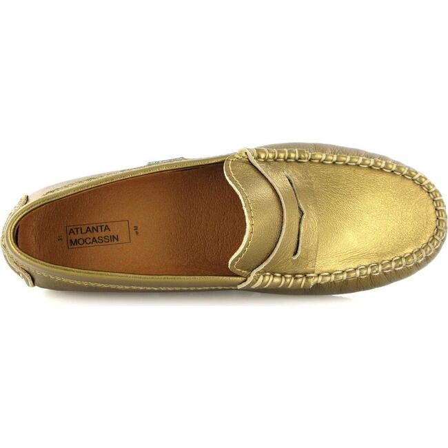 Metallic Leather Penny Moccasins, Gold - Slip Ons - 5