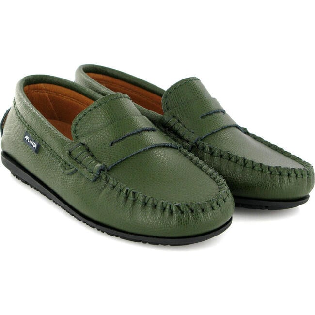 Grainy Leather Penny Moccasins, Green - Slip Ons - 3